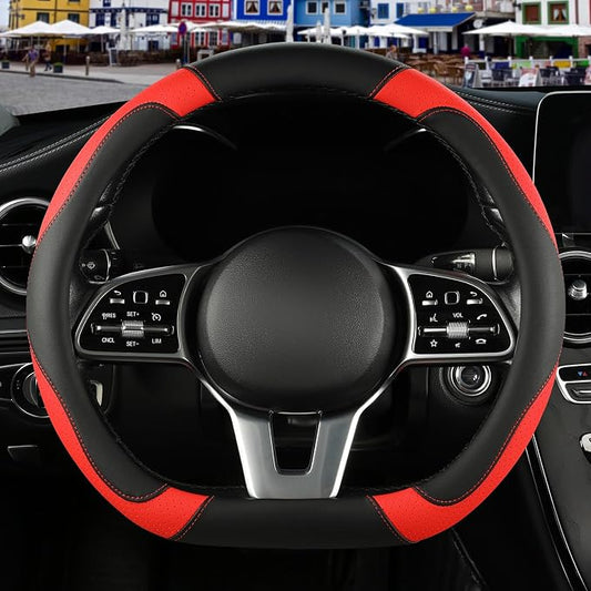 Black Red Microfiber Leather D Shaped Steering Wheel Cover | Breathable Anti Slip Grip Cool Sporty Look Glow for Women Men