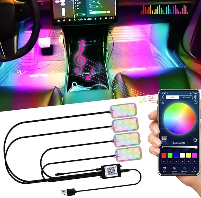 YONGMING Car LED Interior Lights, RGB USB Mood Lighting with Music Sync | APP-controlled RGB LED strip lights with music-activated modes for car footwell, console and interior ambient lighting.