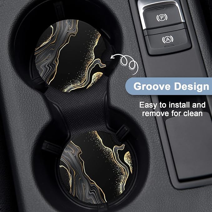 Nipichsha Car Coasters for Cup Holders, 2 Pack Absorbent Ceramic Car Cup Holder Coaster for Drinks, Cute Auto Assecories for Women Men, Size 2.56 in with Finger Notch & Cork Base, Luxury Black Marble