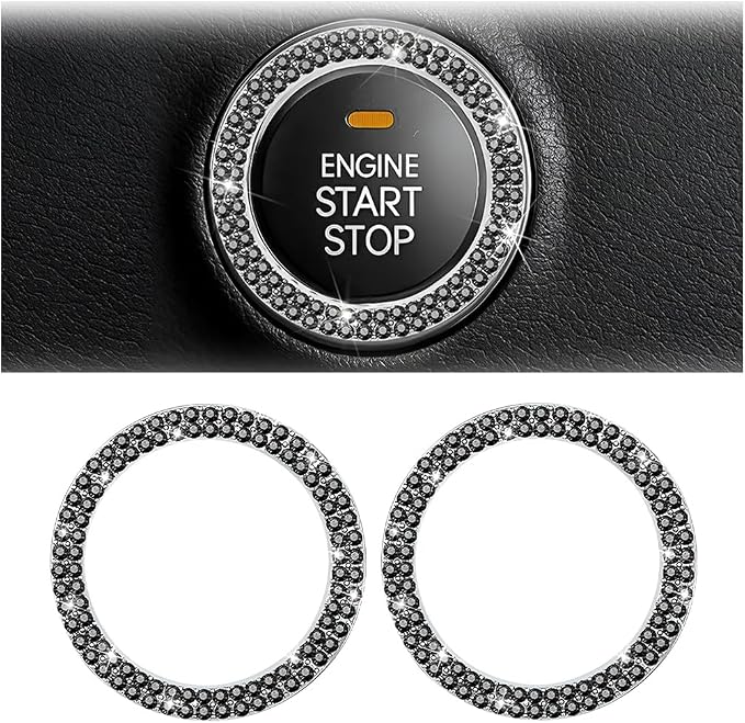 Bling Car Engine Start Ring Decals, 2PCS Sparkling Crystal Rhinestone Vehicle Push to Start Button Sticker, Diamond Auto Key Ignition Knob Decorative Ring, Universal for Vehicles (Black)