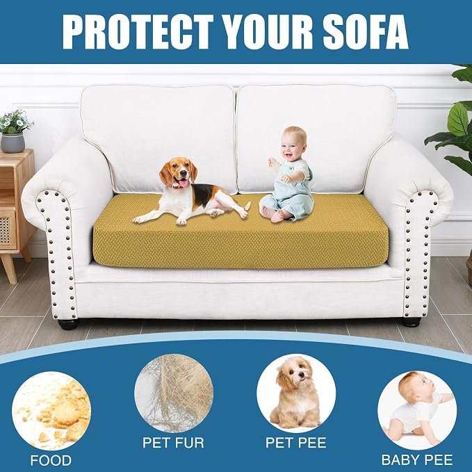 Smiry Waterproof Couch Cushion Covers, Stretch Jacquard Thick Sofa Cushion Covers, Washable Seat Slipcover Elastic Furniture Protector for Pets, Kid (Medium, Ginder Yellow)