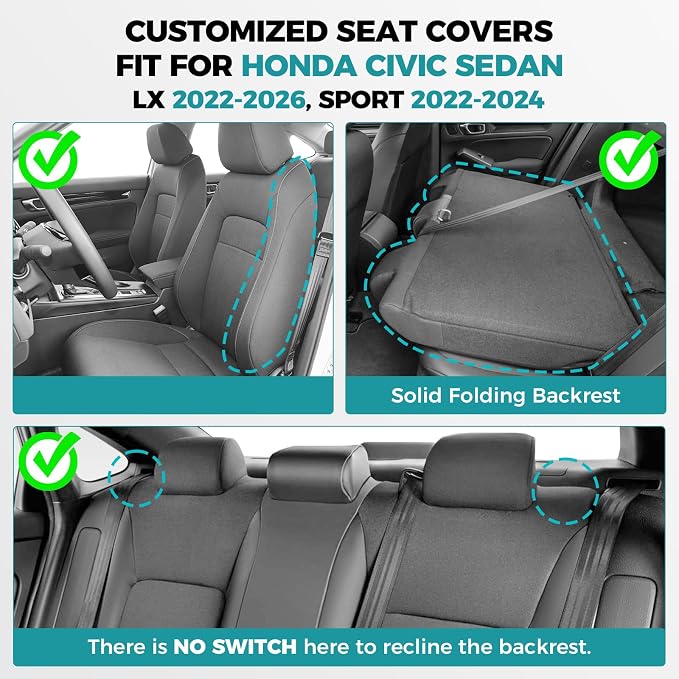 Seat Covers for Honda Civic Sedan Sport 2022 2023 2024 & LX 2022-2026, Custom Faux Leather Car Seats Cover Full Set Waterproof - Black Grey (Solid Rear Seatback - NO Rear Armrest)