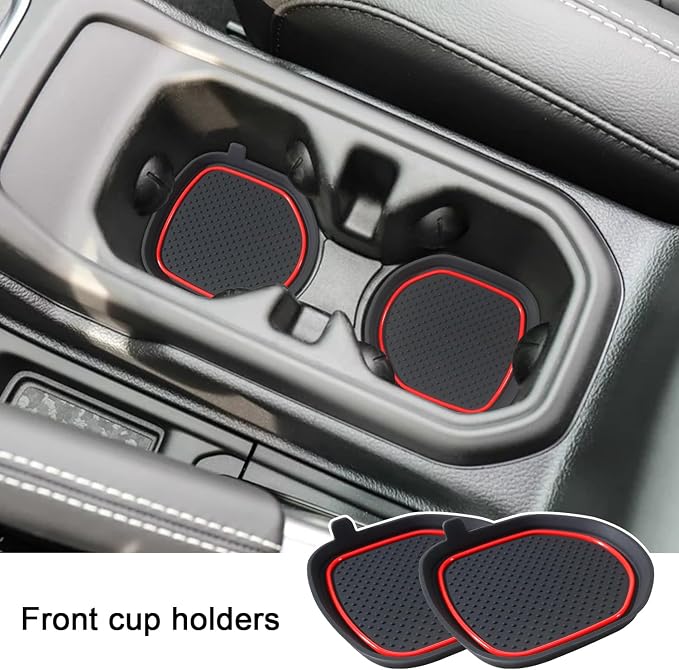 Cup Holder Coaster for Wrangler JL JLU 2018-2025 2026 Wrangler Accessories | for Gladiator JT 2020-2026 Silicone Cup Inserts, Interior Mats Pad, 4-pcs Set, for Deep Rear Cup Holders, Red Trim