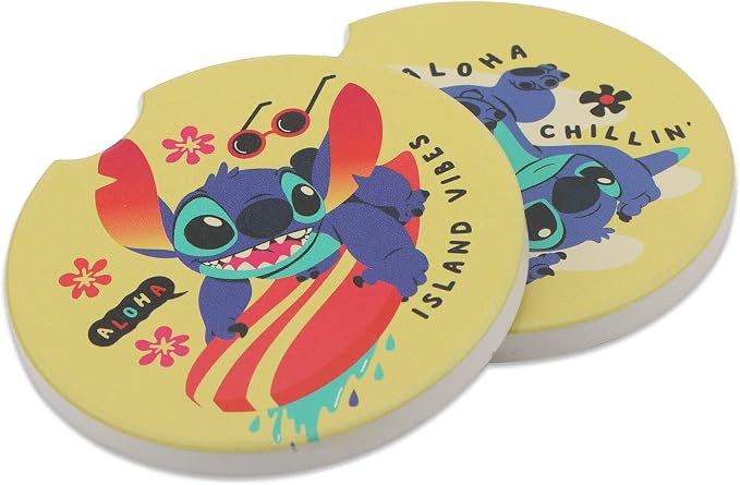 Disney Lilo and Stitch Tropical-Themed Ceramic Car Coasters - Fun Auto Coasters - Set of 2 - Great Gift Idea