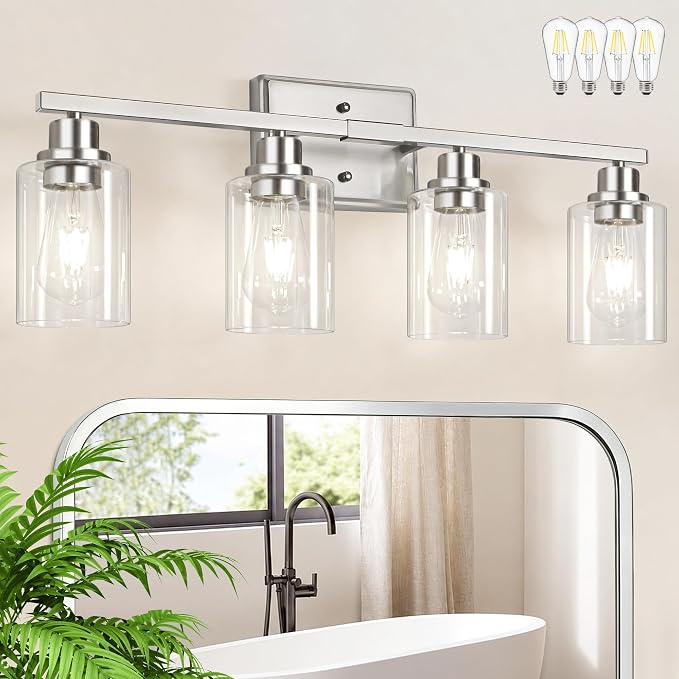 Unicozin Modern Brushed Nickel Bathroom Light Fixtures, 4-Light Vanity Lights Over Mirror with E26 LED Bulbs Included, Wall Sconce with Clear Glass Shades for Living Room Bedroom Hallway Kitchen