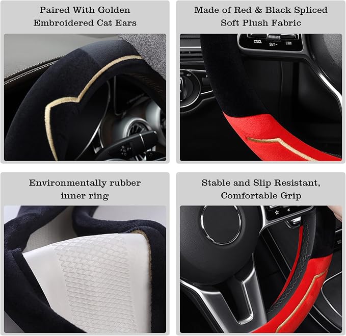 Cat Ears Plush Steering Wheel Cover,Universal 14.5-15 Inch Winter Plush Warm Steering Wheel Cover, Soft Fluffy, Anti-Slip Design, Soft Texture (Black+Red)