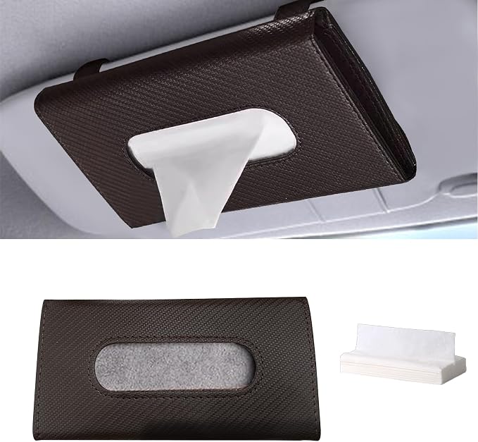 Car Tissue Holder, Car Napkin Holder, Premium PU Leather Cars Kleenex Holder with Tissue Refill, Convenient Access Tissues Sun Visor Tissue Box Universal for Most Vehicle (Brown)