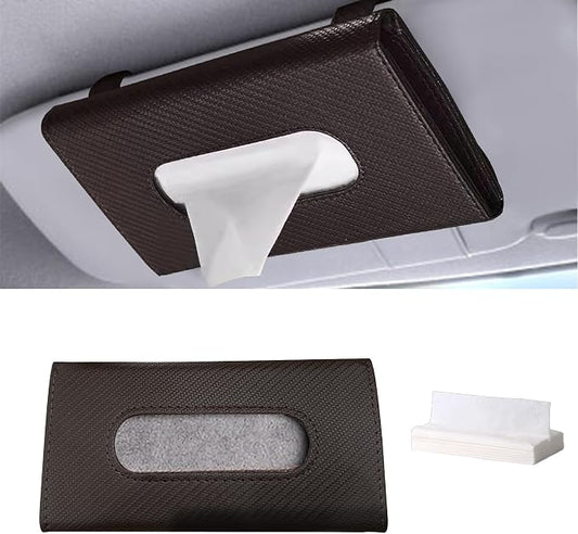 Car Tissue Holder, Car Napkin Holder, Premium PU Leather Cars Kleenex Holder with Tissue Refill, Convenient Access Tissues Sun Visor Tissue Box Universal for Most Vehicle (Brown)