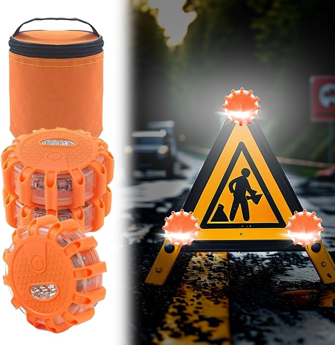 LED Road Flares - 3 Pack Magnetic Caution Lights, Waterproof Flash Beacon with 9 Modes, Roadside Safety, Warning, Durable LED Signal Lights for Cars, Trucks, Construction Zones, Traffic Acci
