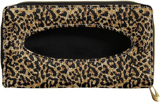 PU Leather Backseat Tissue Box Holder Leopard Pattern Sun Visor Napkin, Mask Dispenser Backseat Tissue Holder for SUV Sedans Vans Trucks