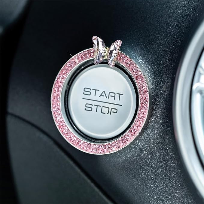 2PCS Bling Car Engine Start Stop Decoration Ring, Crystal Rhinestone Auto Push Start Button Ignition Ring Sticker, Vehicle Decor Accessories for Women Girls, Universal for Vehicles (Pink)