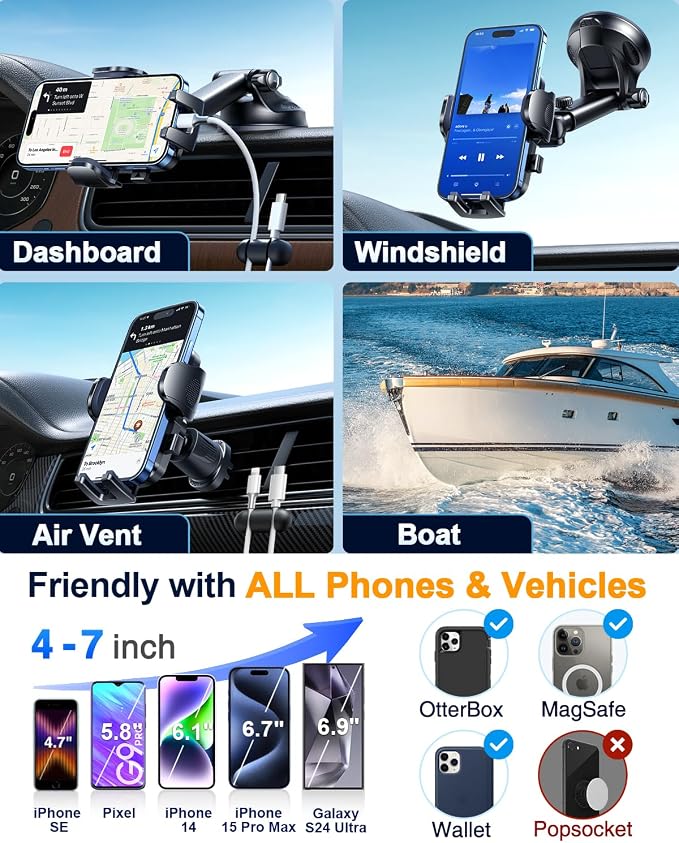 YRU True Military-Grade [360° Rotation Suction] 2026 Ultimate Car Phone Holder Mount【90+LBS Safest Strongest & Patent Certs】 Dash Windshield for iPhone 17 16 Pro Max Speakerphones, Gloss Black