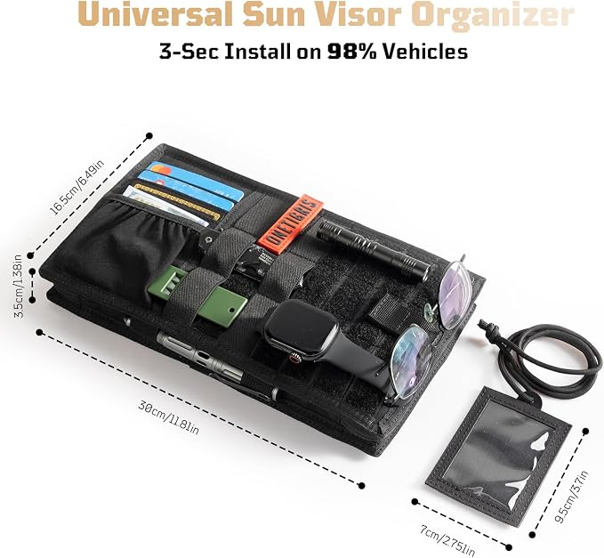 OneTigris Tactical MOLLE Sun Visor Organizer, Car Visor Panel EDC Storage | Features multi pockets with zipper pouch, detachable photo/ID panel, and glasses clip for versatile vehicle storage