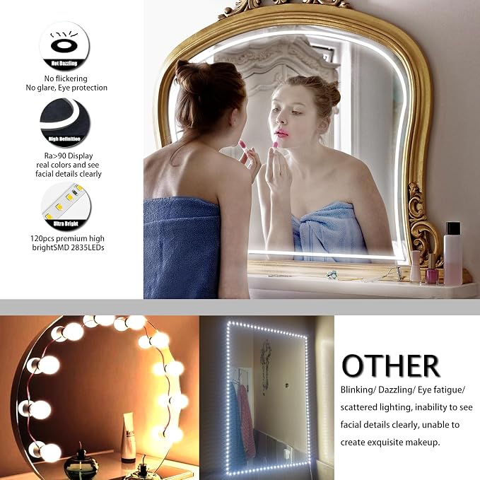 LED Vanity Mirror Lights, Hollywood Style Makeup Lighting, 6.6FT/6000K/Dimmable/12V Adapter/Self-Adhesive Strip Lights for Mirror, Lighting for Makeup Table & Bathroom