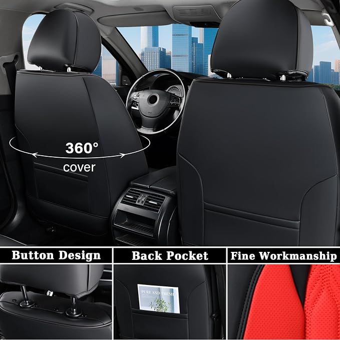 Coverado Car Seat Cover Full Set, Luxury Leather Seat Covers for Front and Rear, Waterproof Seat Covers Auto Seat Cover 5 Seats, Car Seat Protectors Driver Seat Covers Universal for Most Vehicles, Red