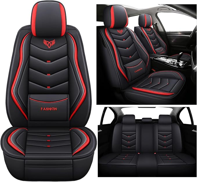 Leather Car Seat Covers,Full Coverage Seat Covers Full Set with Fixed Lumbar Support,Universal Automotive Seat Covers for Cars,SUVs,Trucks and Sedans