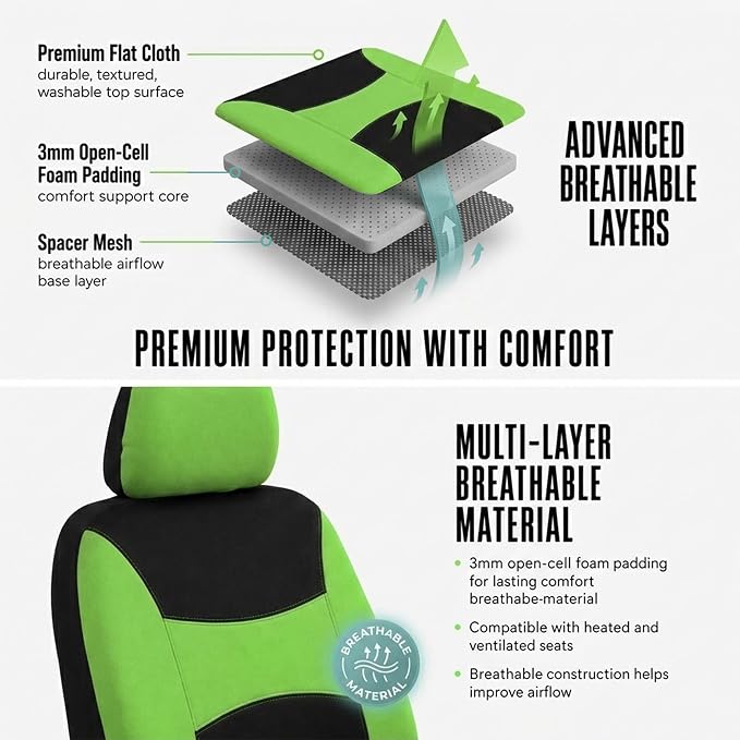 Automotive Seat Covers Green Universal Fit Combo Set with Steering Wheel Cover and Seat Belt Pad fits most Cars, SUVs, and Trucks (Airbag Compatible and Split Bench) FH Group FB030GREEN-COMBO