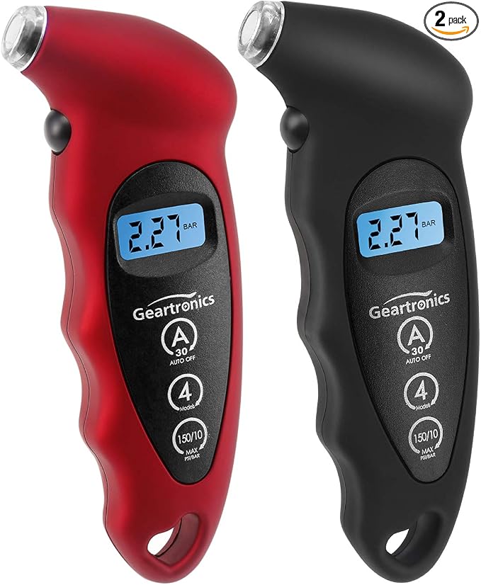 Digital Tire Pressure Gauge 150 PSI 4 Settings with Backlight LCD Tire Gauge for Cars, Motorcycles and Bikes with Non-Slip Grip, 2 Pack