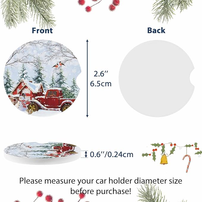 Car Coasters for Cup Holders 2.6"Dia Absorbent Coasters Set of 2 Car Interior Accessories for Women Men Ceramic Car Coaster for Drinks with Finger Grooves,Christmas Winter Snowflakes Snowman Truck Red