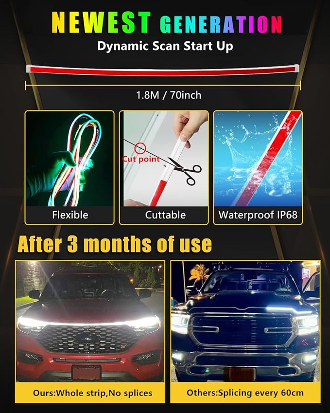 YM E-Bright Car Led Lights Exterior RGB Hood Light Strip Waterproof Multicolor Dynamic Scan Start Up Hoodbeam Kit with Turn Signal Indicator Function for Cars, Truck, SUV, APP Control, 12V 70inch