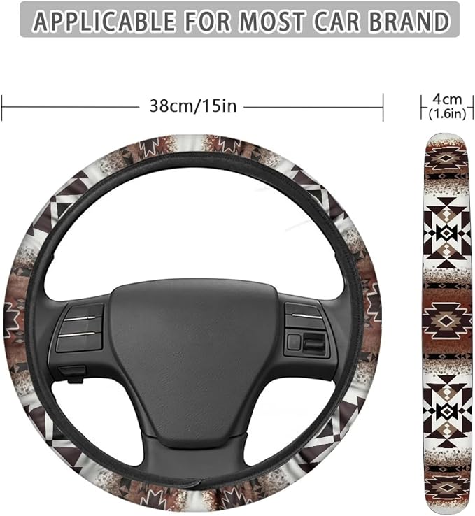 Wanyint Southwest Aztec Navajo Brown Auto Steering Wheel Cover Universal 15 Inch Anti-Slip Neoprene Southwest Tribal Car Steering Wheel Protector for Women Men