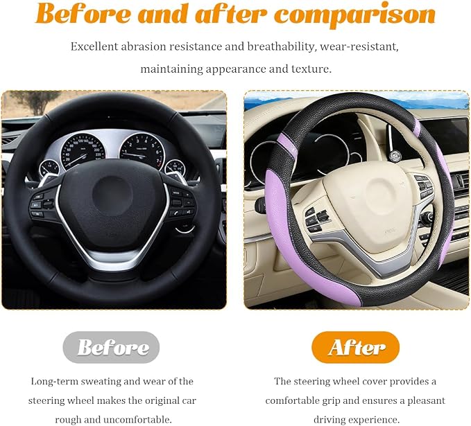 Car Steering Wheel Cover, Leather Anti-Slip Stretch Breathable Vehicle Steering Wheel Protector, Automotive Interior Protection Accessories for Men Women, Universal Fit (Black/Purple)