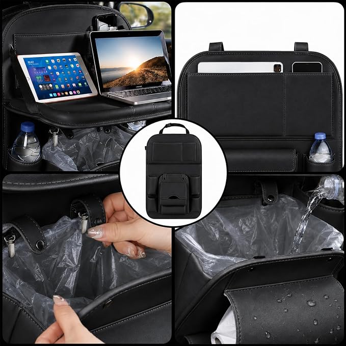 Backseat Car Organizer with Tray, 1 Pack Leather Seat Storage, Black | Foldable Tray Table,Trash Can Pocket,Kick Mat Protector,Easy-Clean Leather