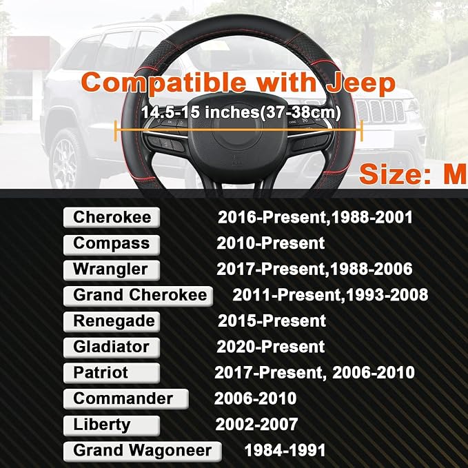 GIANT PANDA Steering Wheel Cover for Jeep Wrangler, Car Steering Wheel Cover for Jeep Grand Cherokee and Cherokee - Black+Red Trim