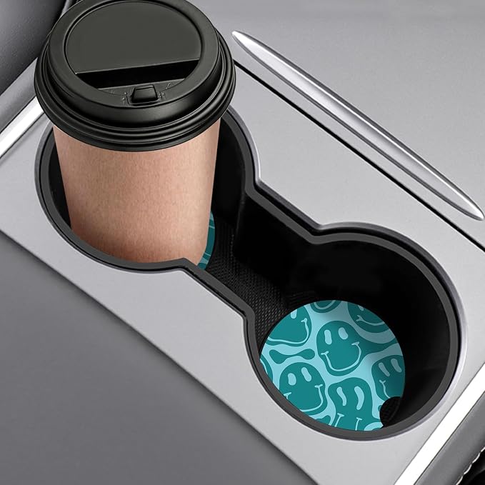 Car Coasters,Purple Smily Absorbent 2 Pack for Cup Holders with Finger Notch,2.56 inches Ceramics Heat Resistant Anti Slip Cork Base Car Drinks Coasters Auto Cup Holder(Blue-Green Smiley face)