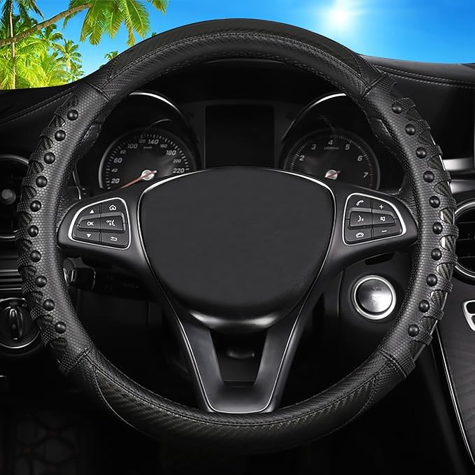 Car Leather Steering Wheel Cover - Carbon Fibre Material, Universal 14.5-15 Inch Leather Anti-Slip Breathable Auto Steering Wheel Covers for Men Women (3D Massage - Sports Black)