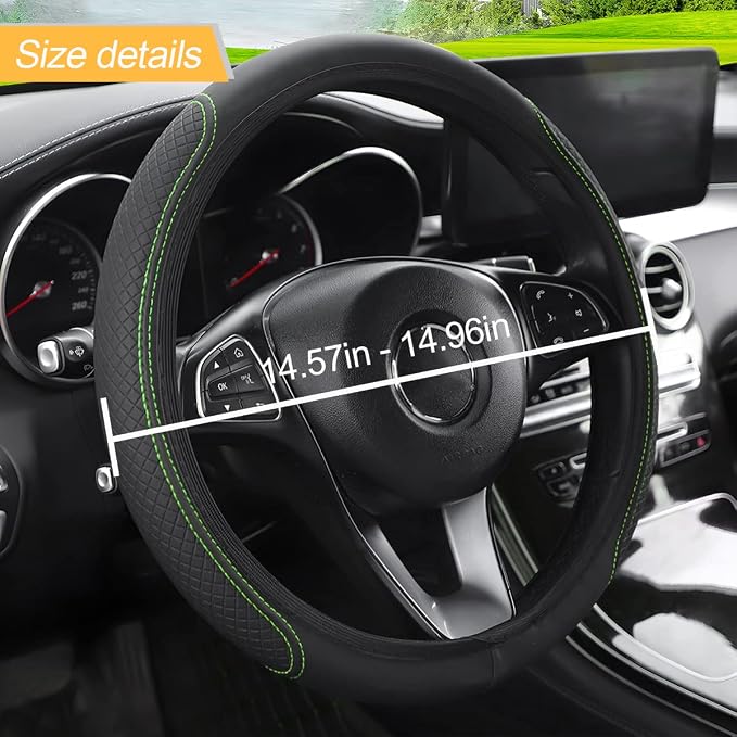 LoyaForba Leather Car Steering Wheel Cover, Elastic Breathable Anti-Slip Steering Wheel Protector, Car Interior Accessories for Men Women, Universal 15 Inch for Most Cars (Black/Green)