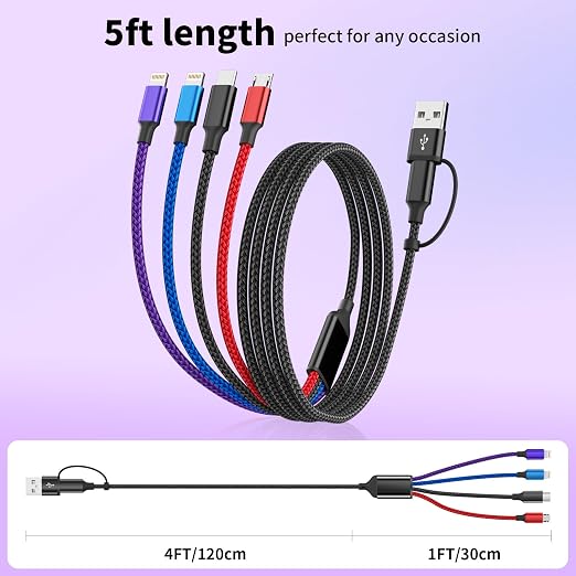 4 in 2 Multi Charging Cable, Dual IP Charging Cord with Type-C & Micro | USB A/C Input Multi Charging Cable with IP/IP, Type-C & Micro Ports, Nylon Braided Phone Charger for Travel & Car
