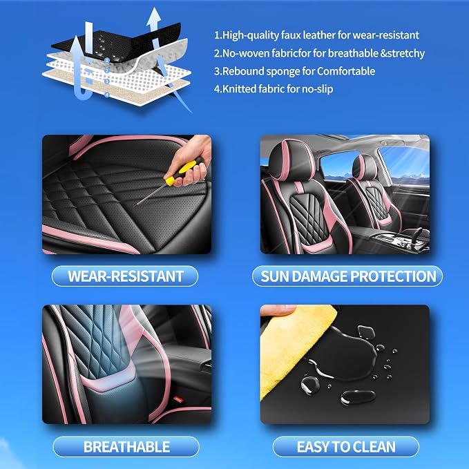 Fit Kicks Car Seat Covers Compatible with Nissan Kicks 2018-2025 2026 S SR SV-Premium Leather,Waterproof,Breathable,Airbag Compatible &All-Weather Seat Cushion Protecto(Full Set,Pink)