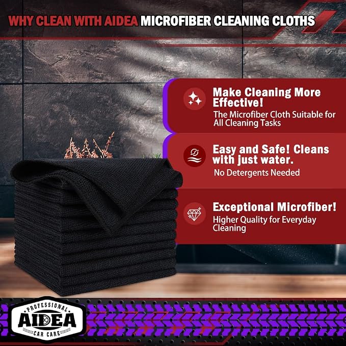 AIDEA Microfiber Cleaning Cloth-10PK, Black Microfiber Towels,12×12" | Microfiber Towels for Cars, Wash Cloths, Lint Free Cleaning Rags for SUVs, House, Kitchen, Window, Car Cleaning Wipes