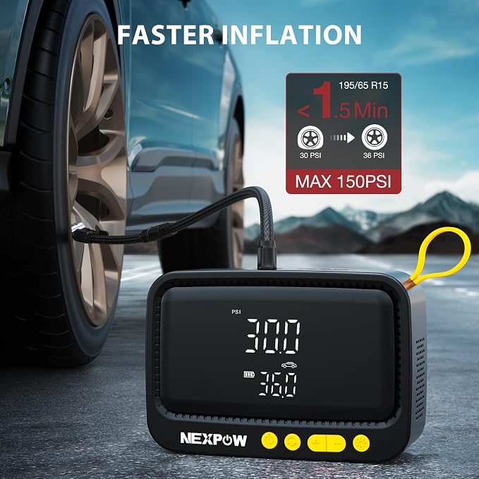 NEXPOW Tire Inflator Portable Air Compressor, 150 PSI, Yellow | Air Pump for Car Tires, Digital Pressure Gauge & Auto Shut-Off, For Car, Motorcycle, Bicycle, Balls