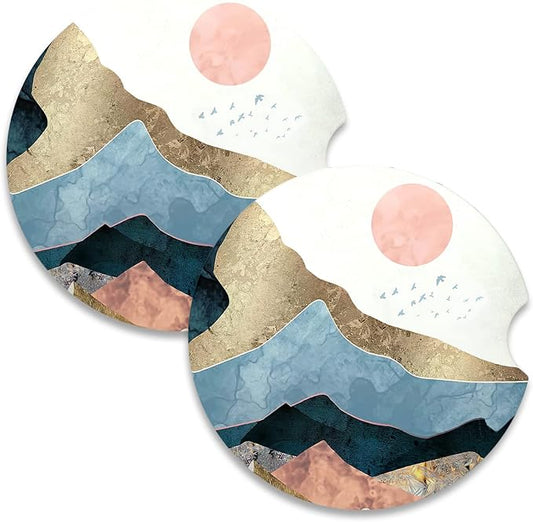 Nipichsha Car Coasters for Cup Holders, 2 Pack Absorbent Ceramic Car Cup Holder Coaster for Drinks, Cute Auto Assecories for Women Men, Size 2.56 in with Finger Notch & Cork Base, Watercolor Sunrise