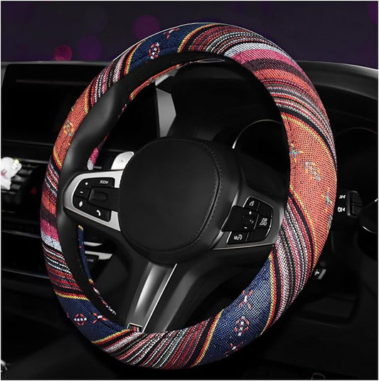 Boho Steering Wheel Cover, Anti-Slip Coarse Flax Cloth Ethnic Style Auto Wheel Cover, Breathable Boho Auto Steering Wheel Protector for Women Men, Car Accessories (Style C)