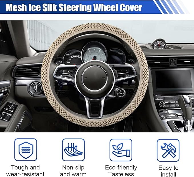 Elastic Stretch Steering Wheel Cover, for Men Women (Beige) | 15" Breathable Microfiber Ice Silk Steering Wheel Protector, Universal Anti-Slip Warm in Winter&Cool in Summer Car Accessory