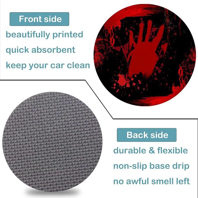 Car Cup Holder Coasters, 2 Pack – 2.75" Universal Auto Anti-Slip Insert Coaster, Rubber Car Coasters, Personalized Car Accessories for Women & Men (Blood Splattered Handprints)