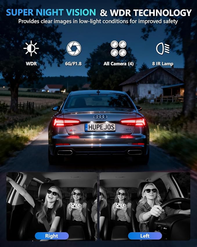 HUPEJOS 4K 360° Dash Cam Front and Rear, 4 Channel Camera for Cars | Upgrade AI Driver Monitor System DMS, 5GHz WiFi GPS, Night Vision, Voice Control, Free 64GB SD Card, 24H Parking Mode, V8Plus