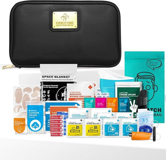 EVERLIT CARE Car First Aid Kit with Emergency Supplies Survival Gear Including Window Breaker Disposable Urine Bag Mountable Survival Kit for Family Travel in Car (Black)
