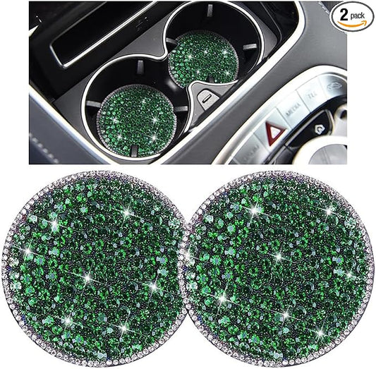 Bling Car Cup Holder Coaster, 2PCS 2.75 Inch Crystal Rhinestone Anti Slip Vehicle Drink Cup Mat for Women Girls, Auto Interior Embedded in Ornaments. Universal for SUV RV Truck (Dark Green)