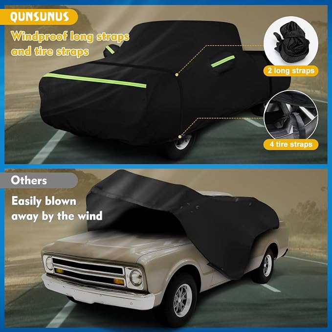 QUNSUNUS Car Cover for Chevrolet C10 C20 K10 K20 1960-1991 Standard Cab 6.5Ft Short Bed, Waterproof C10 Truck Cover with Zipper, Car Covers All Weather with Wind, Sun, UV and Dust Protection