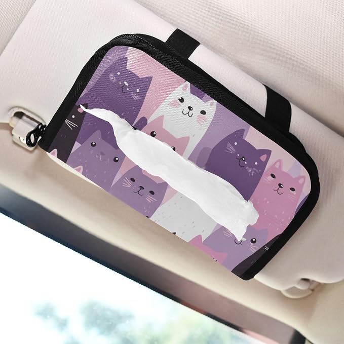 Car Visor Tissue Holder Mask Holder for Car, Car Tissue Box Sun Visor Napkin Holder Car Visor Accessories Adjustable Straps Reusable Durable Easy to Install Pink and Purple Cats