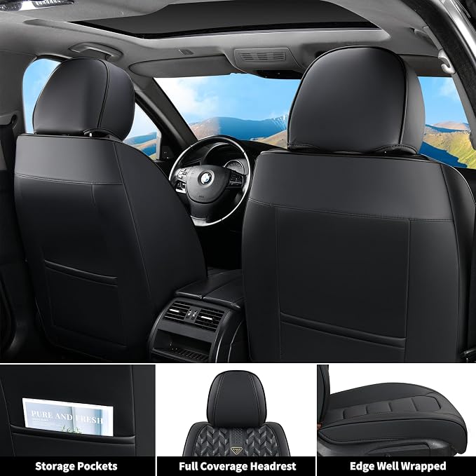FLORICH Car Seat Covers, Leather Seat Covers, Front Seat Covers 2PCS,Waterproof Car Seat Protector, Auto Driver Seat Covers Accessories Fit for Most SUV Trucks(Black, Front Pair)