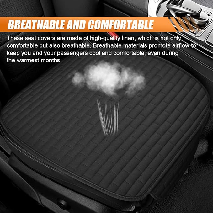 Car Front Seat Cover, Breathable Linen Auto Seat Cushion (Blacks) | Anti-Slip Vehicle Seat Pad with Storage Pocket, Universal Automotive Seats Protection Mat for Car, SUV, Truck