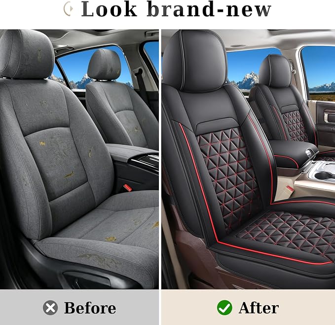 Coverado Leather Car Seat Covers, Waterproof Dooge Ram 1500 Seat Covers Compatible with 2002-2026 Dodge Ram 1500 2500 3500 with Flat Bench (Full Set, Black&Red line)