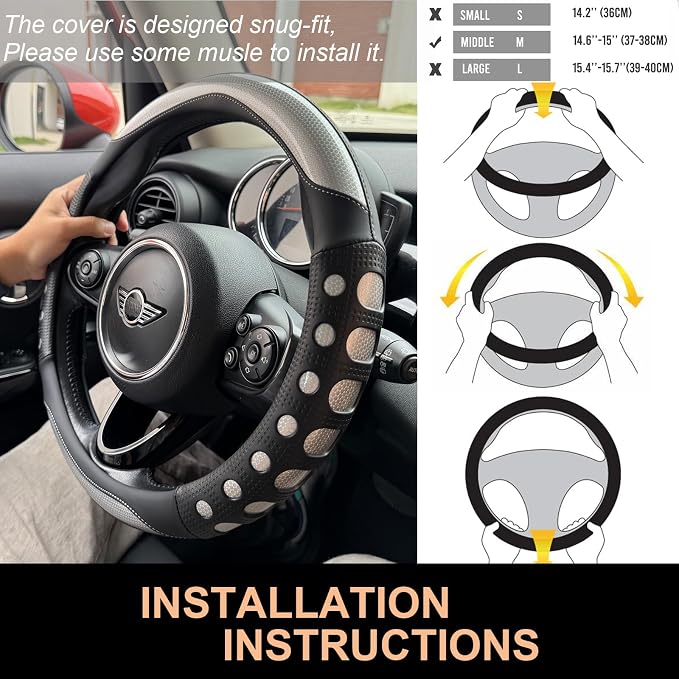 PINCTROT Race Grip Steering Wheel Cover, Anti Slip Silicone Perforated Design with Soft Touch Padding, Enhanced Grip for Sporty Driving, Universal 14.5-15 Inch (Racing Silver)