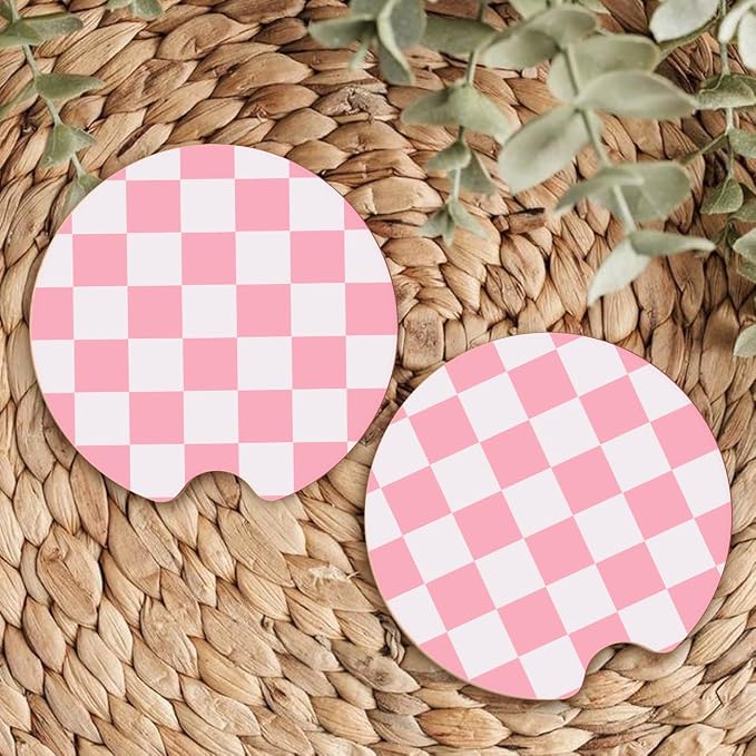 Ceramic Car Coasters – Absorbent Car Cup Holder Coaster Set for Women, Cute Aesthetic Car Accessories for Girls, 2 Pack (Pink)