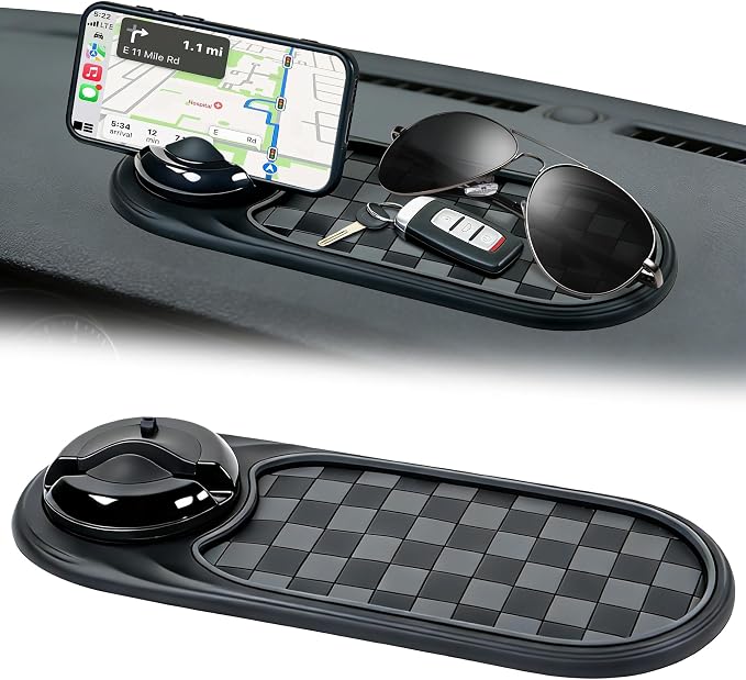 Universal Anti-Slip Car Dashboard Mat with 360° Rotating Phone Holder – Multi-Functional Organizer Pad for Phones, Sunglasses, Keys, and Daily Essentials (Gray Black)